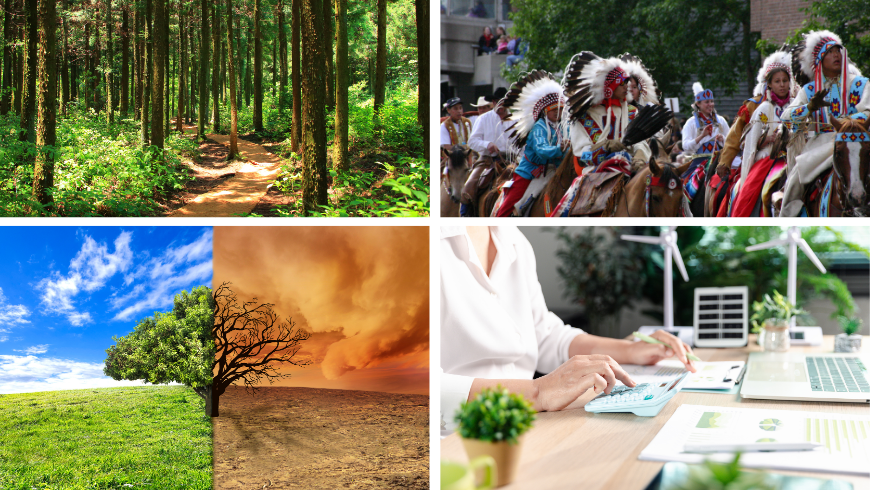 Forêt, groupe de personnes en vêtements traditionnels, paysage de changement climatique avec arbre, budgétisation financière durable prend en charge les rapports ESG et l'analyste de planification nette zéro calcule les coûts à côté des modèles d'énergie renouvelable et des graphiques de performance avec espace de copie. durable, finance, ESG