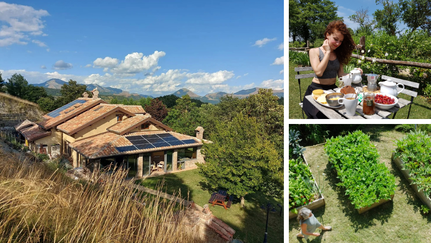 Collage d'images Ecobnb montrant des panneaux solaires sur un toit, un petit-déjeuner en plein air composé d'aliments biologiques et locaux et un potager biologique à côté d'un hébergement.