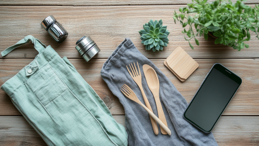 Des fourchettes en bois réutilisables, un sac fourre-tout en tissu et une bouteille d'eau en acier inoxydable : des articles de voyage indispensables pour réduire les déchets à usage unique et rendre chaque voyage plus durable.