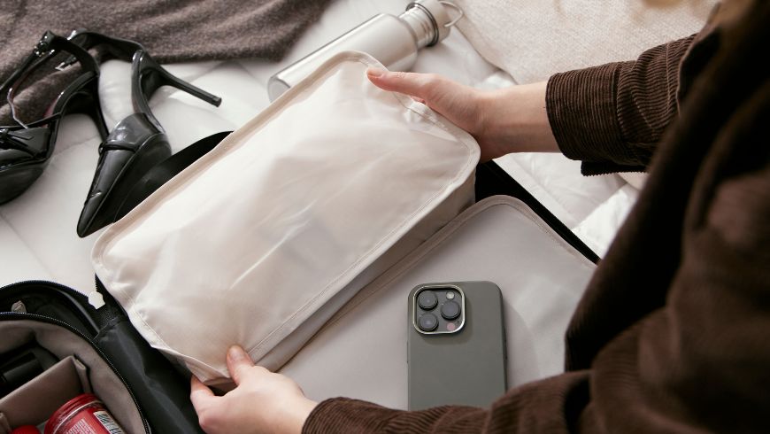 Jeune femme emballant une valise, avec des cubes d'emballage, une bouteille d'eau réutilisable et un smartphone au premier plan.
