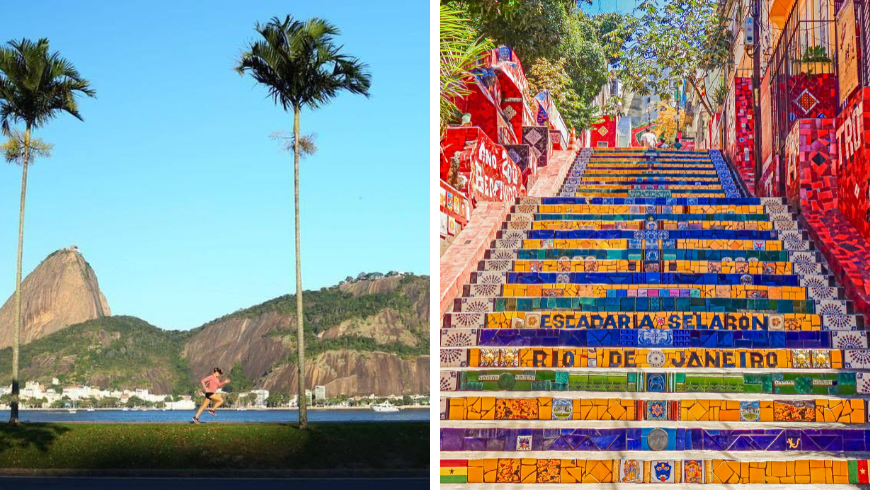 Coureur courant dans la rue à côté de la plage et des montagnes à Rio de Janeiro, Brésil. Escaliers colorés et célèbres à Rio.