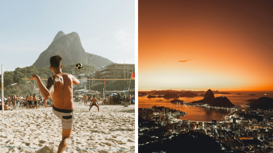 Football sur la plage de Rio de Janeiro, Brésil. Et la ville la nuit, le coucher du soleil, les lumières, les montagnes et la mer.