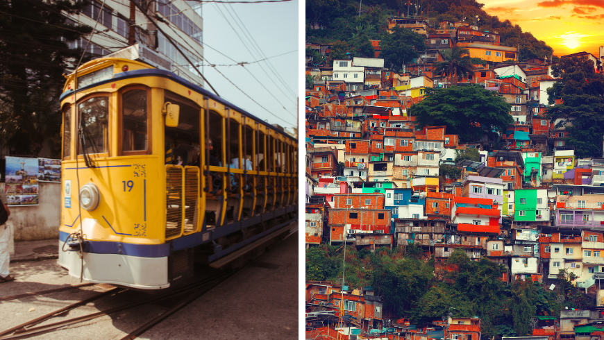 Tramway vintage sur rue à Rio de Janeiro. Centre-ville de Rio de Janeiro et favela.
